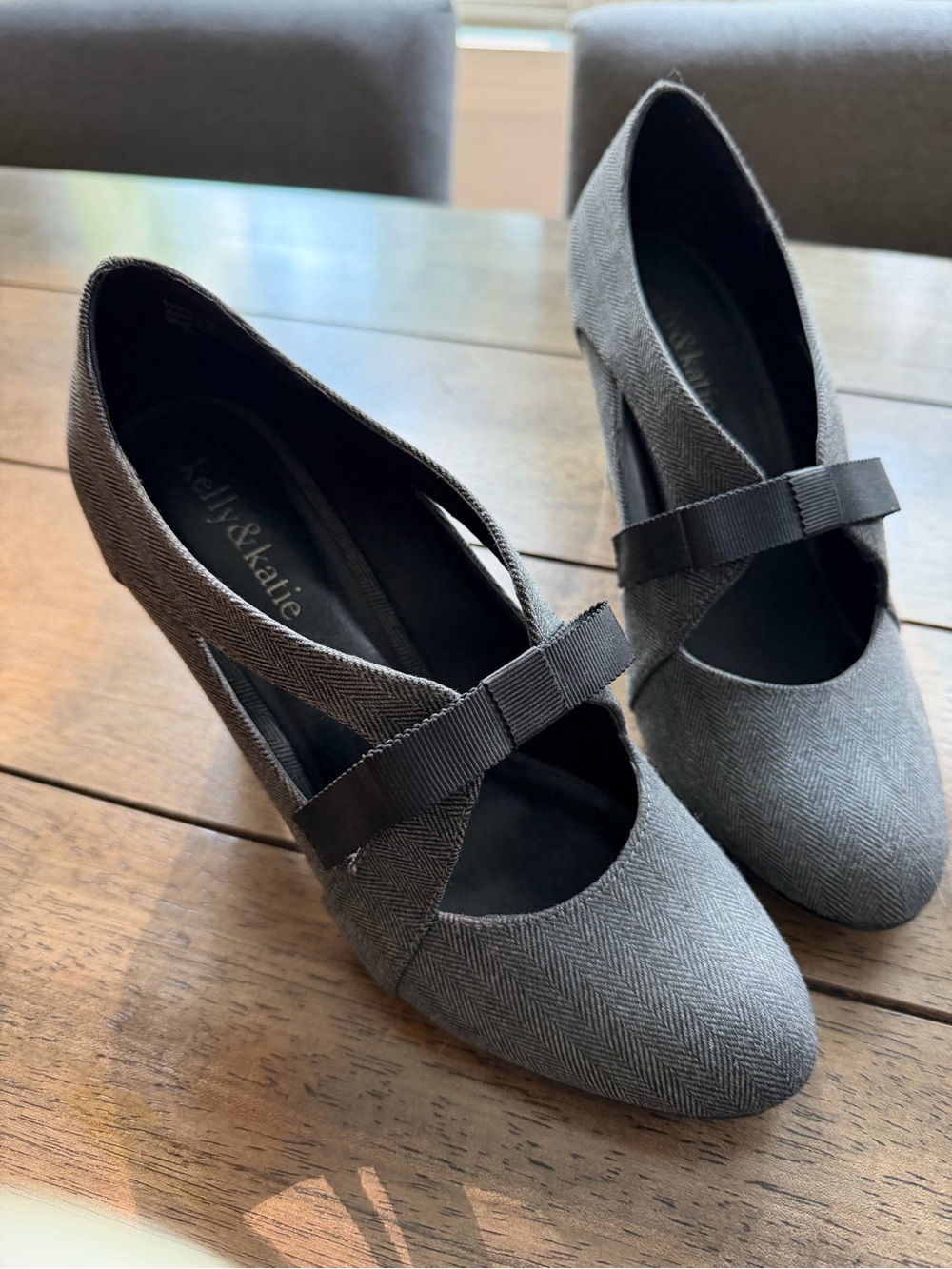 Kelly & Katie Gray Herringbone Bow-Strap Heels